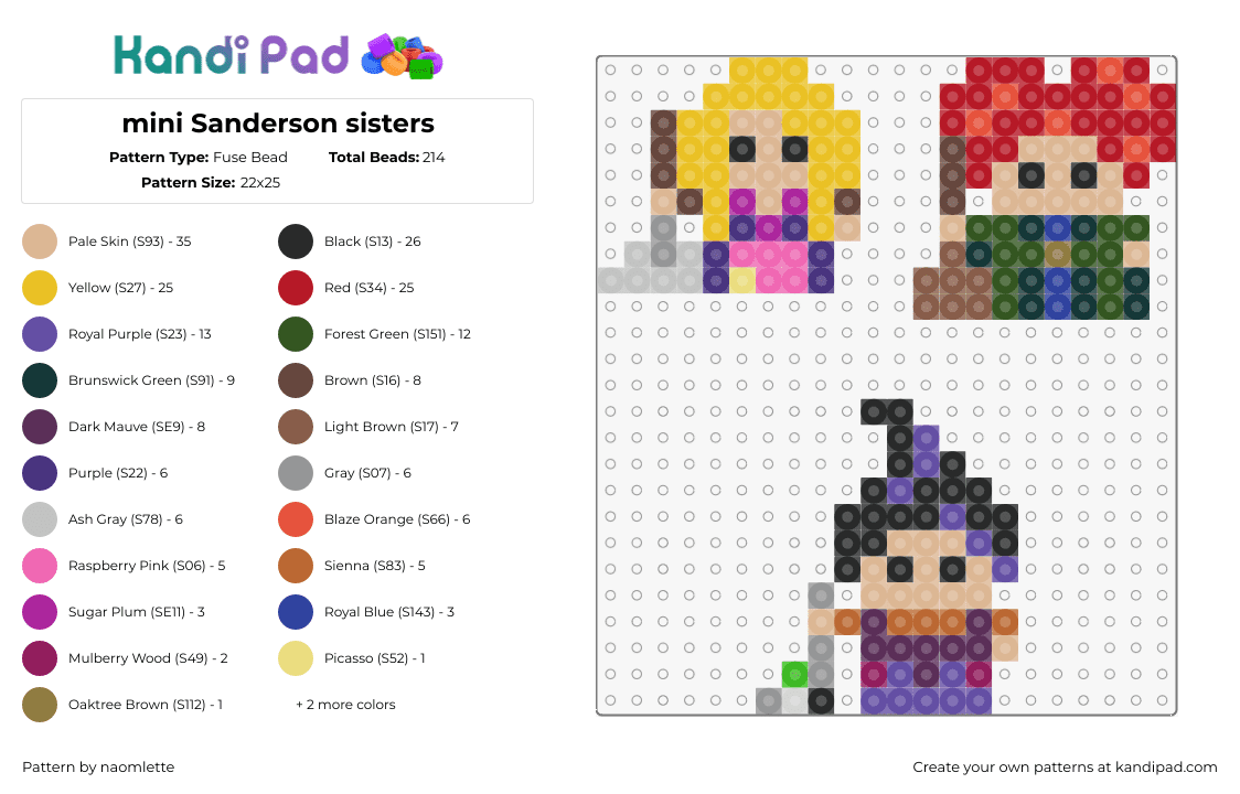 mini Sanderson sisters - Fuse Bead Pattern by naomlette on Kandi Pad - hocus pocus,witches,winifred,sarah,mary,characters,movie,halloween,red,purple,ye