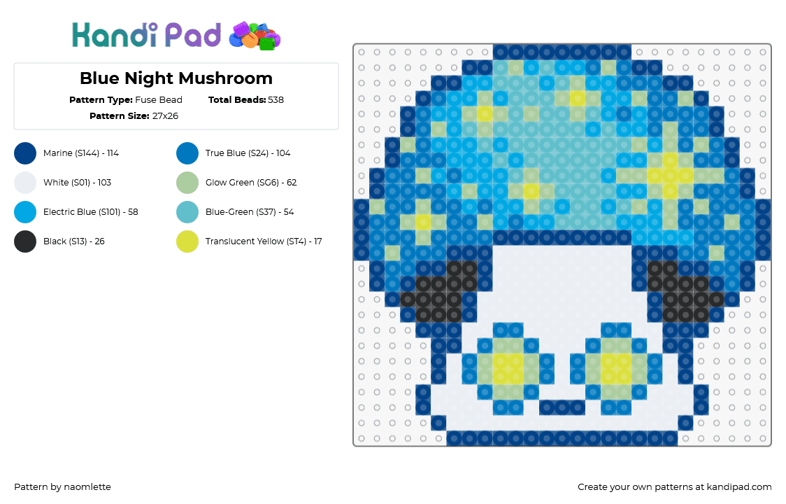 Blue Night Mushroom - Fuse Bead Pattern by naomlette on Kandi Pad - mushroom,night,sparkles,trippy,cute,white,light blue,blue