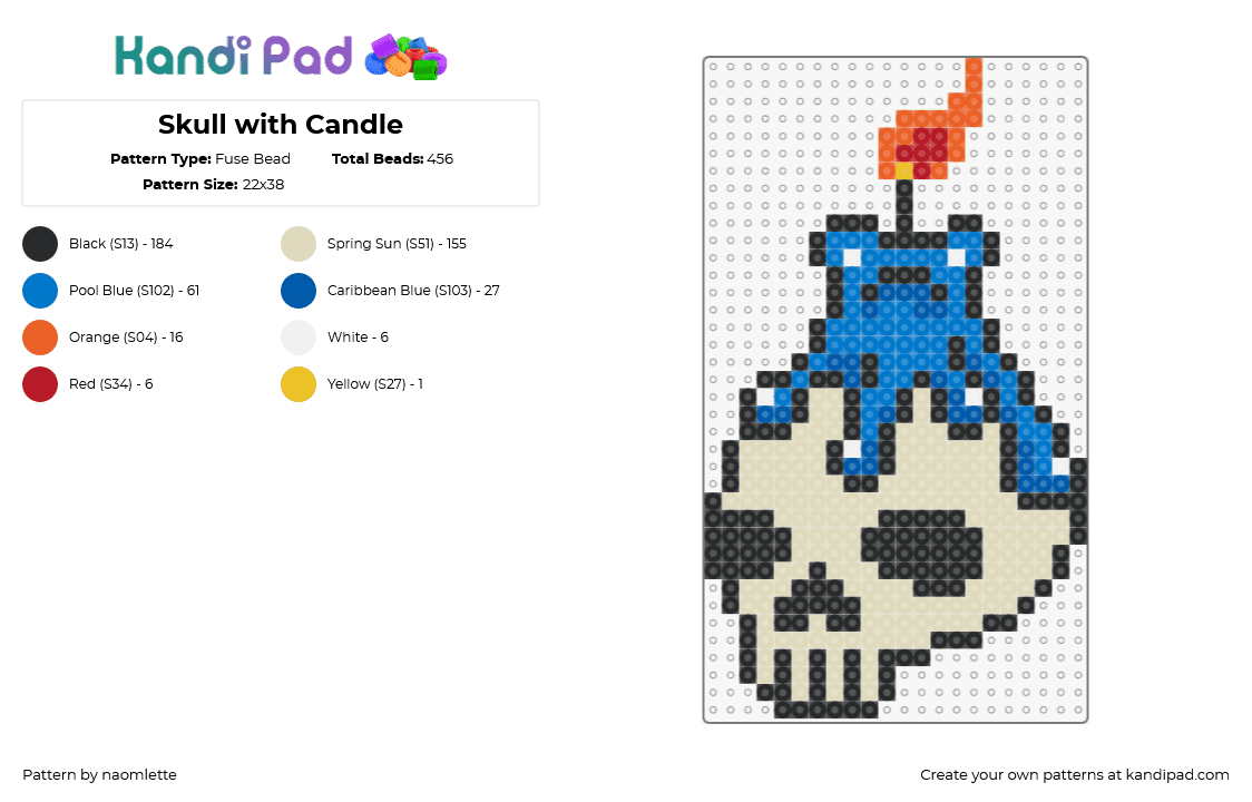 Skull with Candle - Fuse Bead Pattern by naomlette on Kandi Pad - candle,skull,spooky,flame,melting,halloween,beige,blue,black