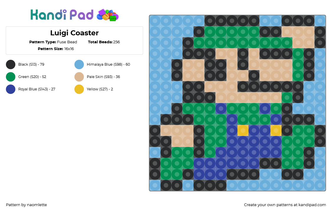 Luigi Coaster - Fuse Bead Pattern by naomlette on Kandi Pad - luigi,mario,nintendo,coaster,character,video game,green,light blue,blue