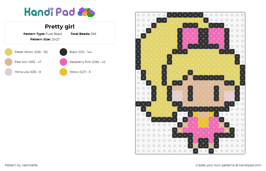 Pretty girl - Fuse Bead Pattern by naomlette on Kandi Pad - girl,female,blonde,chibi,cute,character,simple,yellow,pink,beige