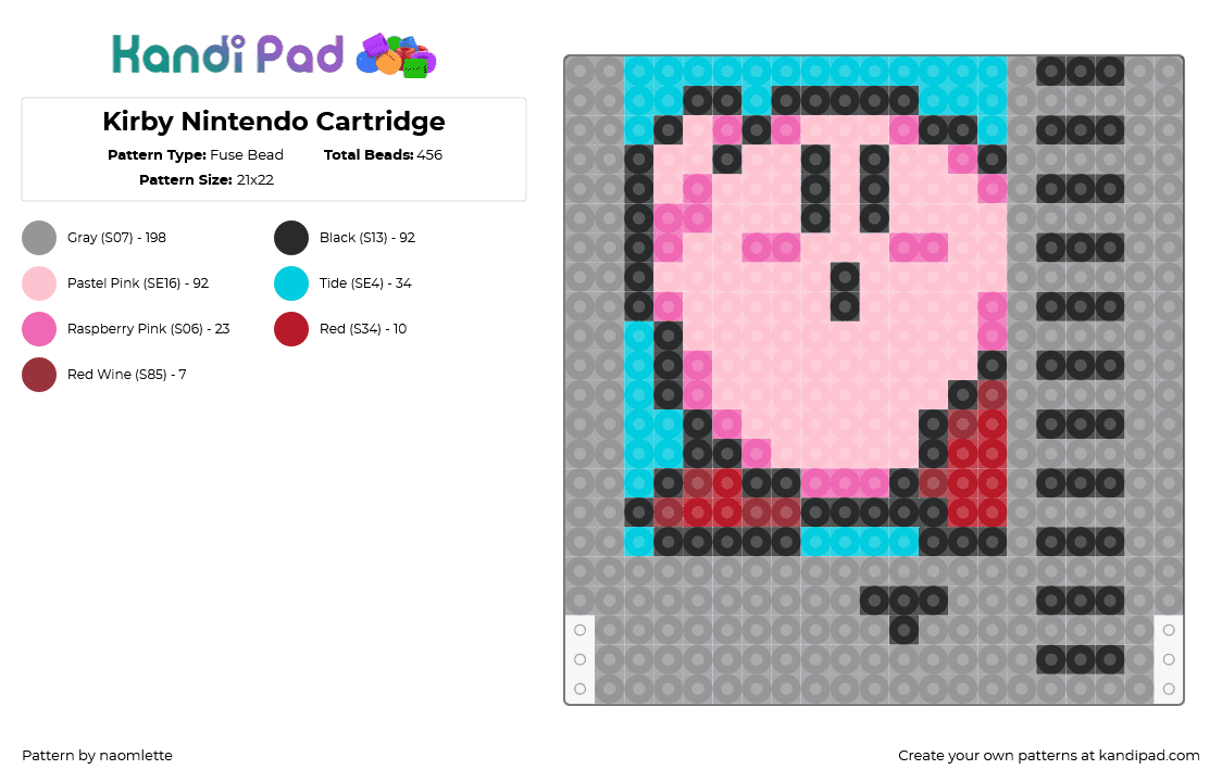 Kirby Nintendo Cartridge - Fuse Bead Pattern by naomlette on Kandi Pad - nes,kirby,nintendo,video game,cartridge,classic,nostalgia,retro,gray,pink