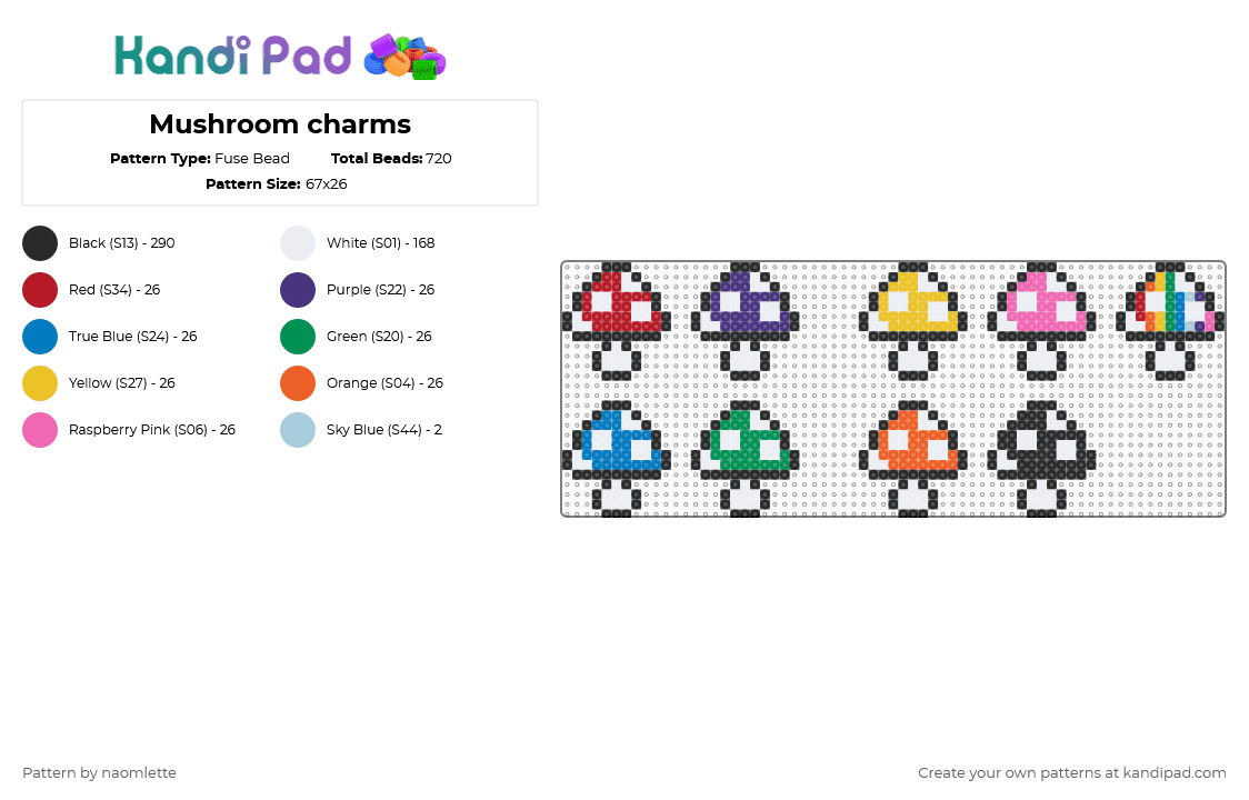 Mushroom charms - Fuse Bead Pattern by naomlette on Kandi Pad - black,white,purple,green,orange,colorful