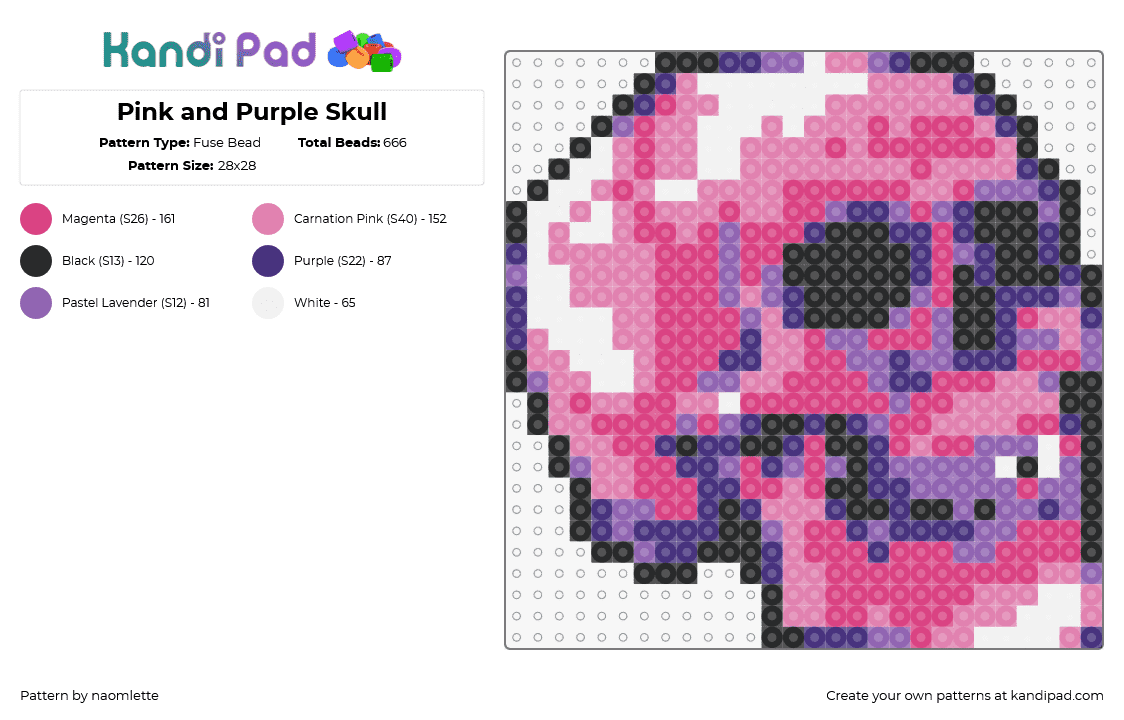 Pink and Purple Skull - Fuse Bead Pattern by naomlette on Kandi Pad - skull,skeleton,halloween,spooky,bones,pink,purple