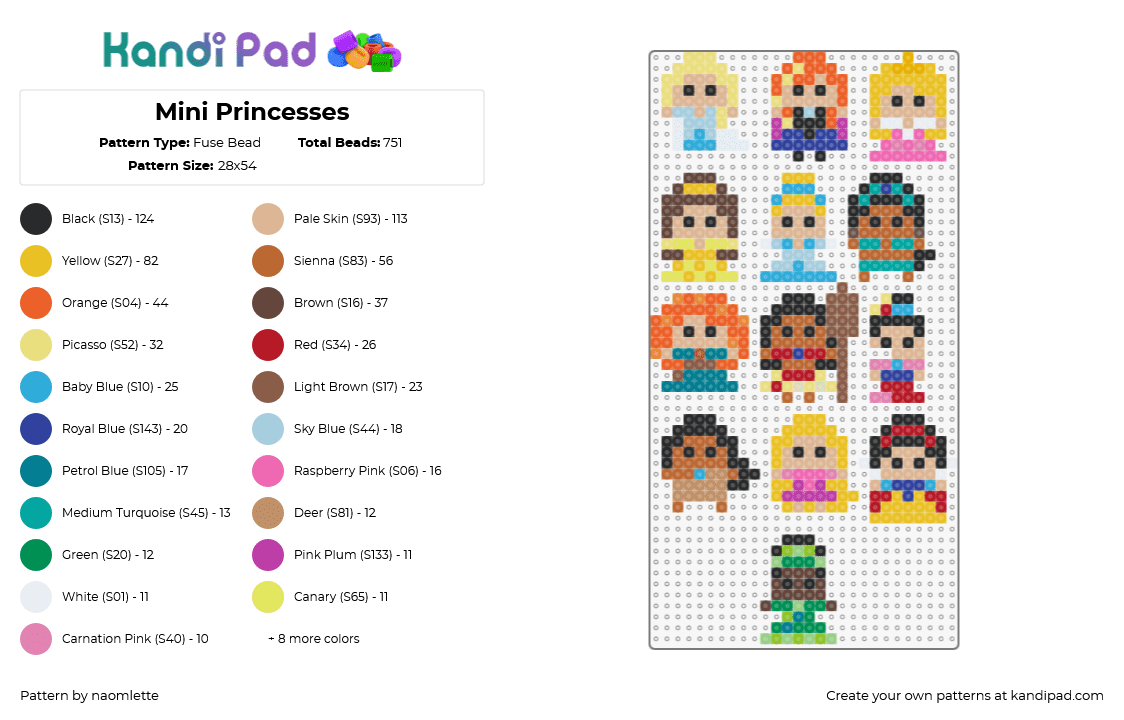 Mini Princesses - Fuse Bead Pattern by naomlette on Kandi Pad - princesses,disney,simple,characters,colorful,keychains,charms