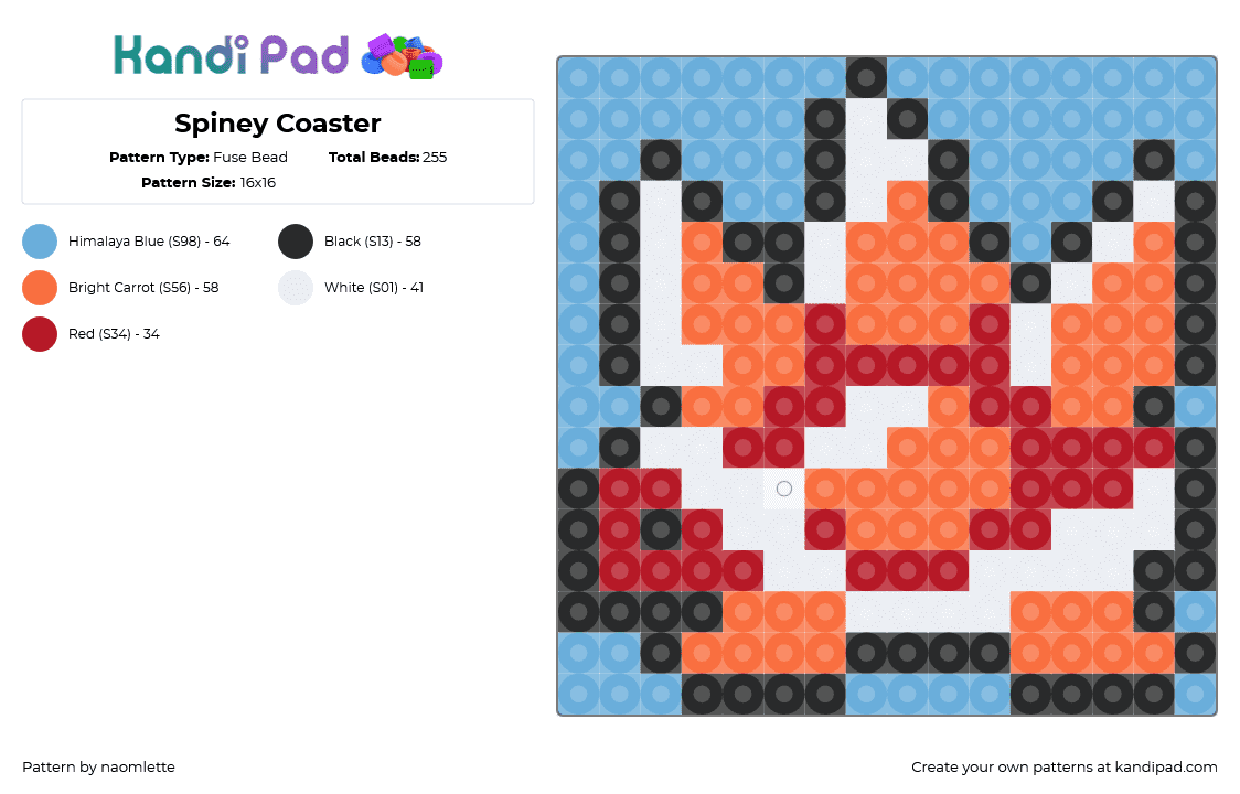 Spiney Coaster - Fuse Bead Pattern by naomlette on Kandi Pad - spiney,mario,nintendo,character,coaster,video game,orange,red,light blue