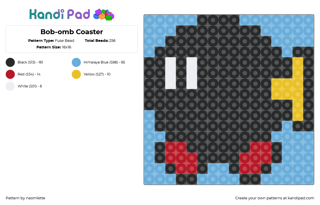 Bob-omb Coaster - Fuse Bead Pattern by naomlette on Kandi Pad - bobomb,mario,coaster,nintendo,character,black,light blue