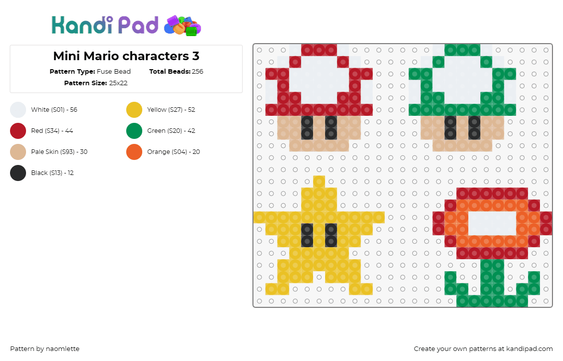 Mini Mario characters 3 - Fuse Bead Pattern by naomlette on Kandi Pad - 1up,mushrooms,star,fire flower,mario,video game,simple,nintendo,colorful,green,t