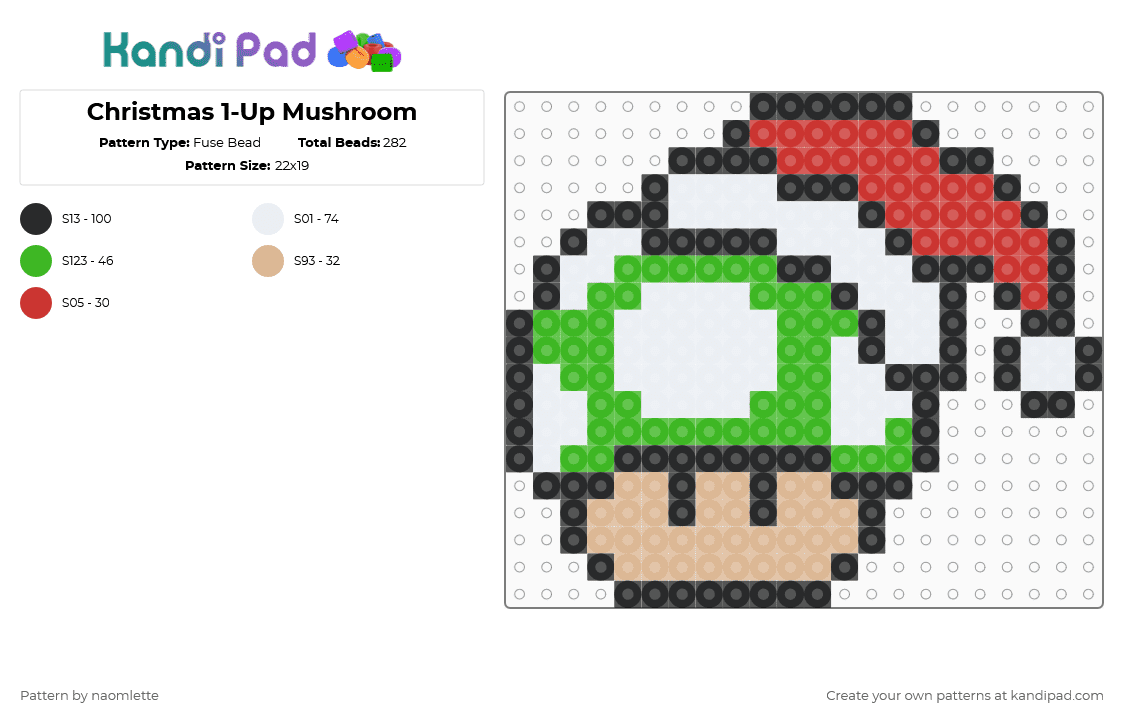 Christmas 1-Up Mushroom - Fuse Bead Pattern by naomlette on Kandi Pad - green,christmas