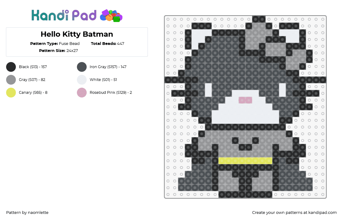 Hello Kitty Batman - Fuse Bead Pattern by naomlette on Kandi Pad - batman,hello kitty,mashup,sanrio,costume,dc,comic,character,black,gray