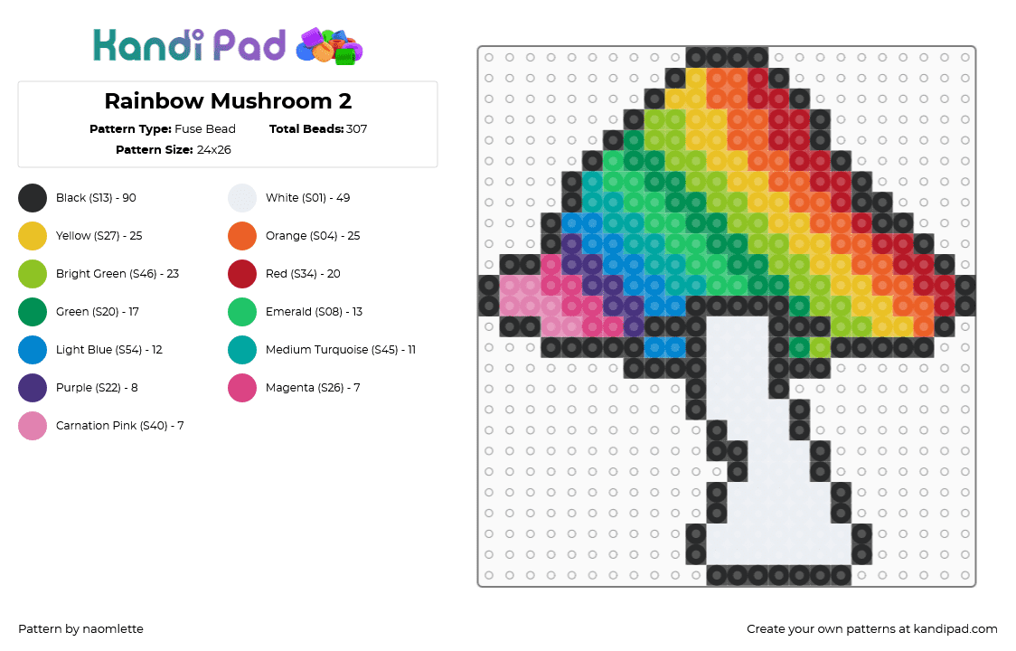 Rainbow Mushroom 2 - Fuse Bead Pattern by naomlette on Kandi Pad - green,yellow,orange,red