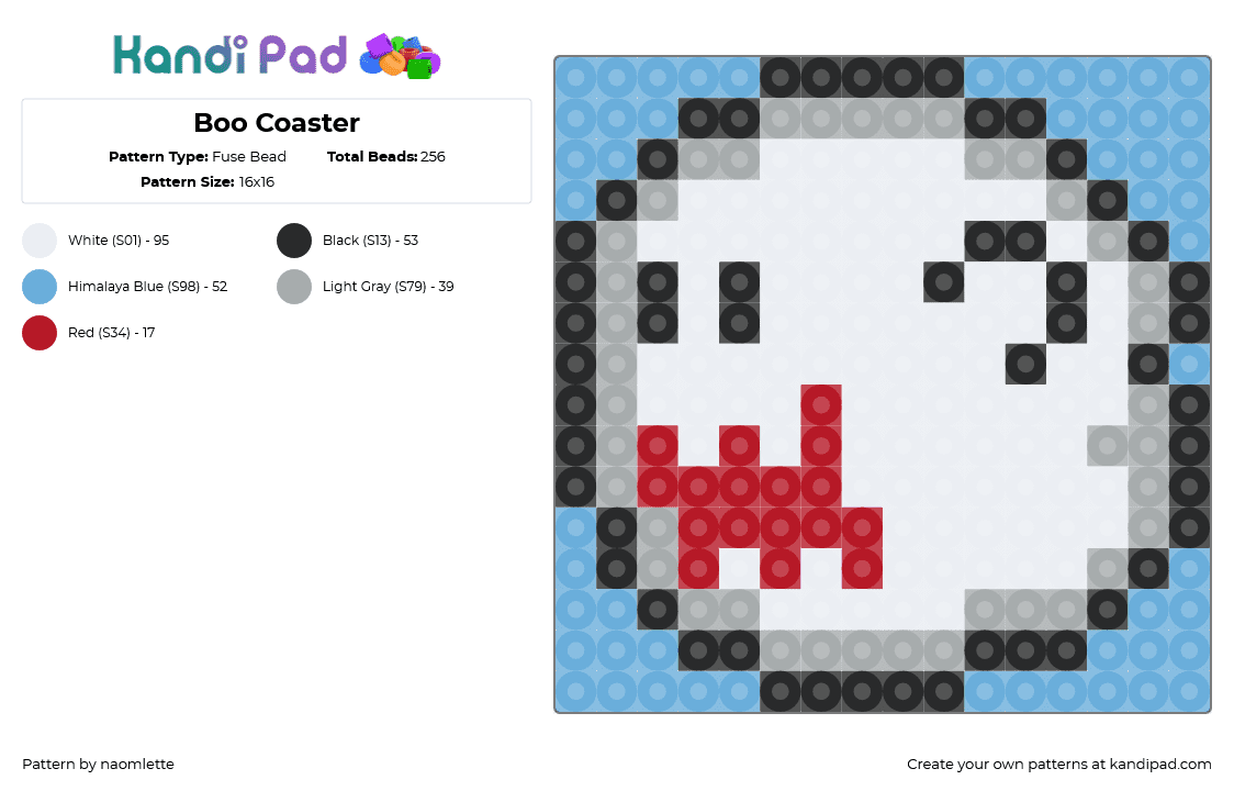 Boo Coaster - Fuse Bead Pattern by naomlette on Kandi Pad - boo,ghost,mario,coaster,nintendo,character,white,light blue