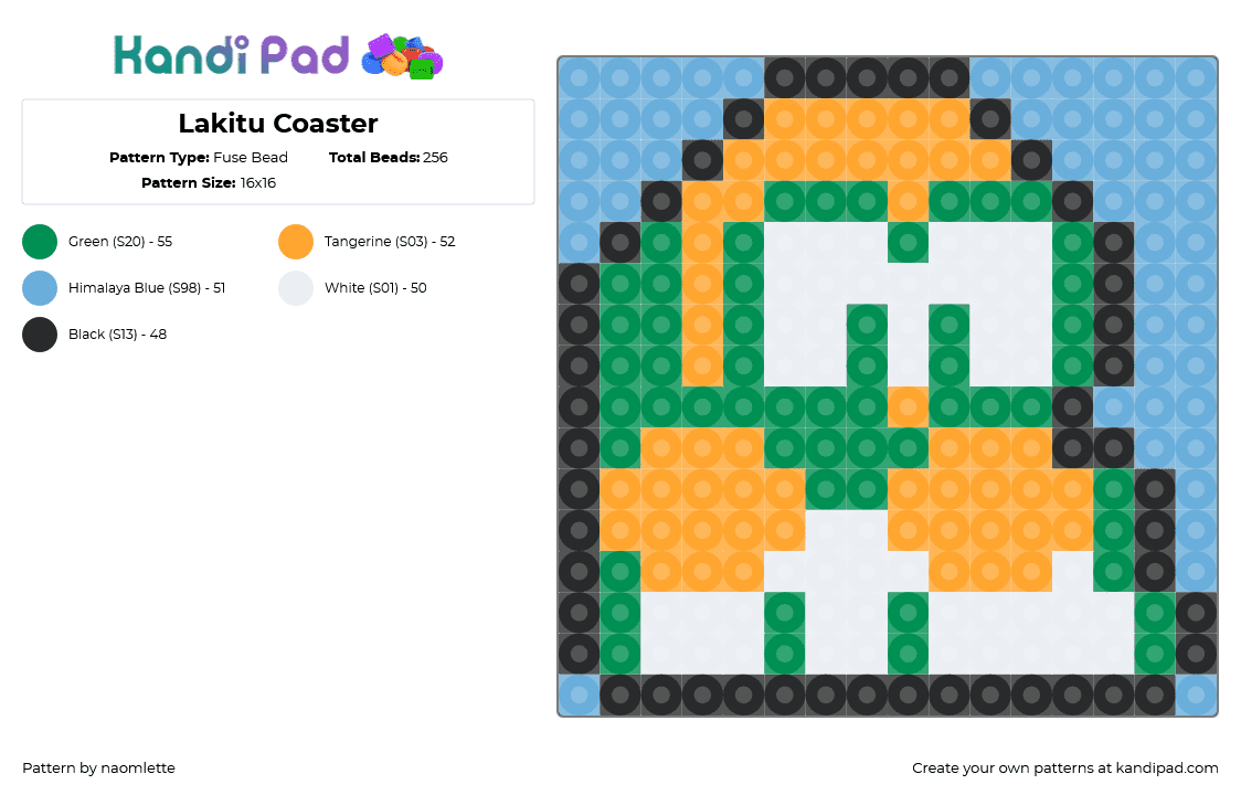 Lakitu Coaster - Fuse Bead Pattern by naomlette on Kandi Pad - lakitu,mario,coaster,nintendo,character,green,orange,white,light blue