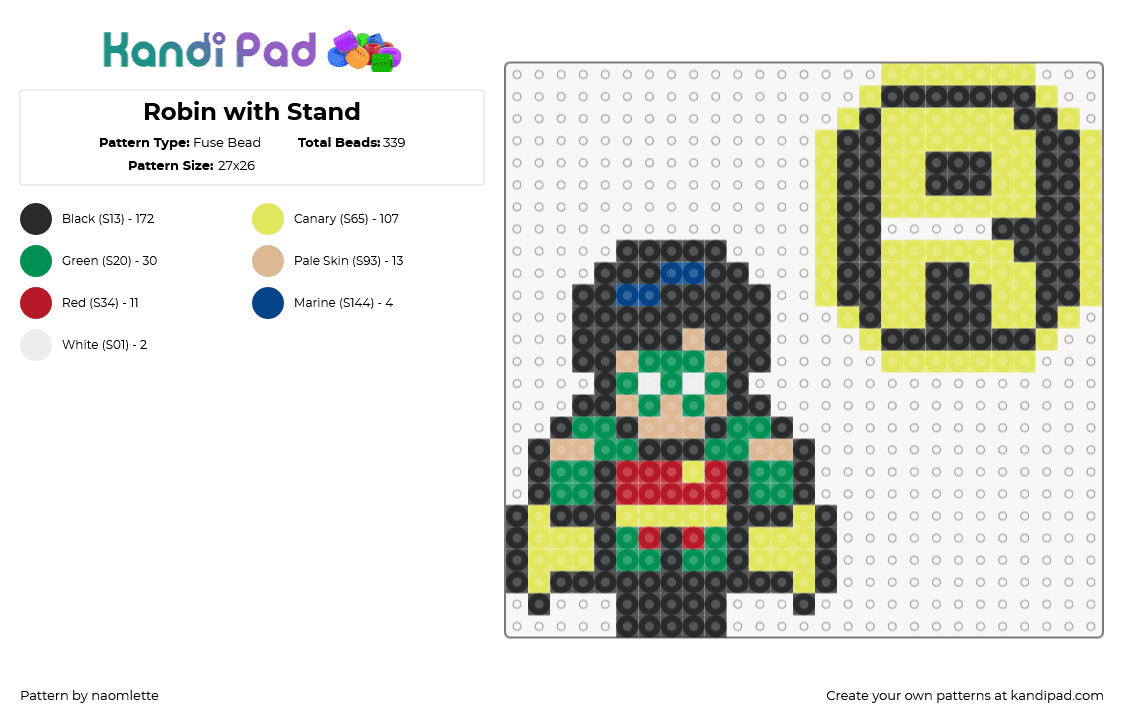 Robin with Stand - Fuse Bead Pattern by naomlette on Kandi Pad - robin,batman,superhero,dc,comic,character,green,yellow