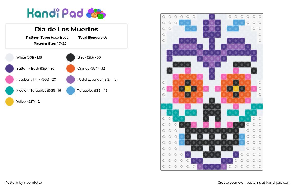 Dia de Los Muertos - Fuse Bead Pattern by naomlette on Kandi Pad - calavera,sugar skull,dia de los muertos,day of the dead,colorful,festival,charm,spooky,white,purple,orange