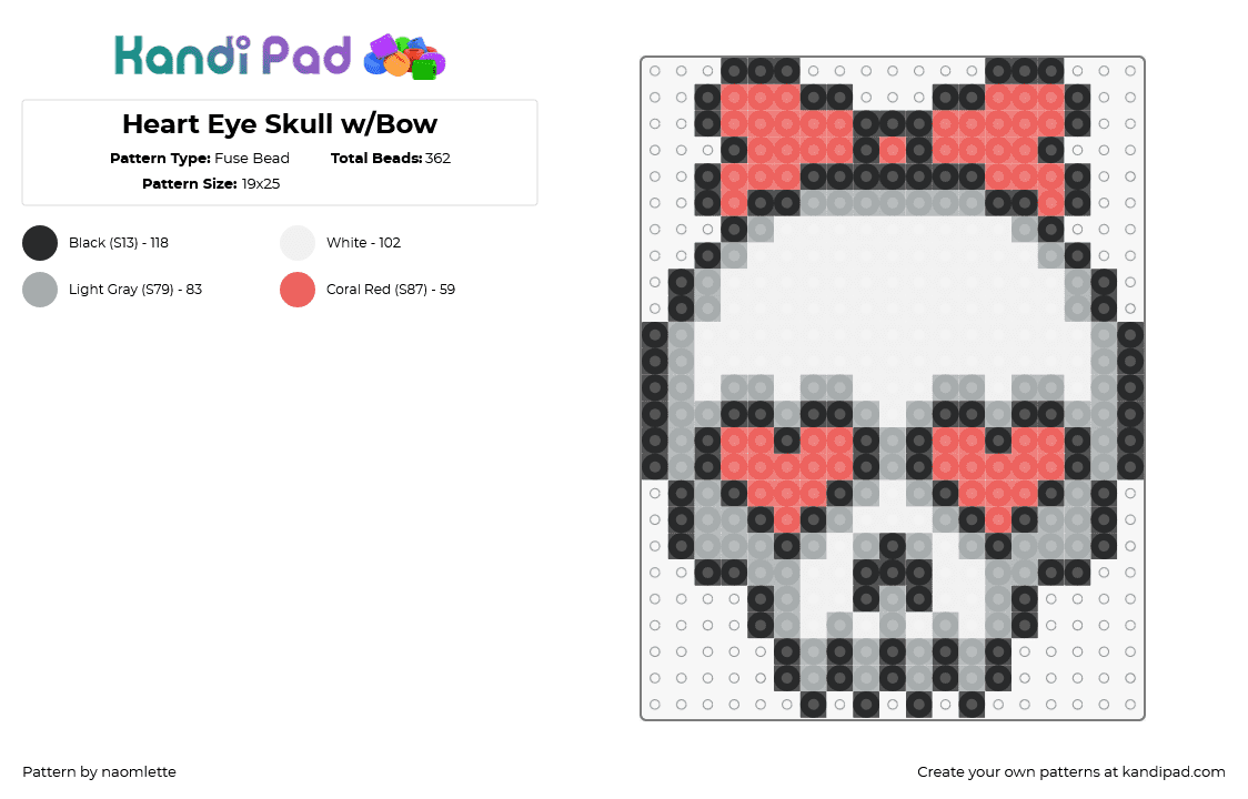 Heart Eye Skull w/Bow - Fuse Bead Pattern by naomlette on Kandi Pad - skull,bow,hearts,spooky,cute,skeleton,halloween,gray,white,pink