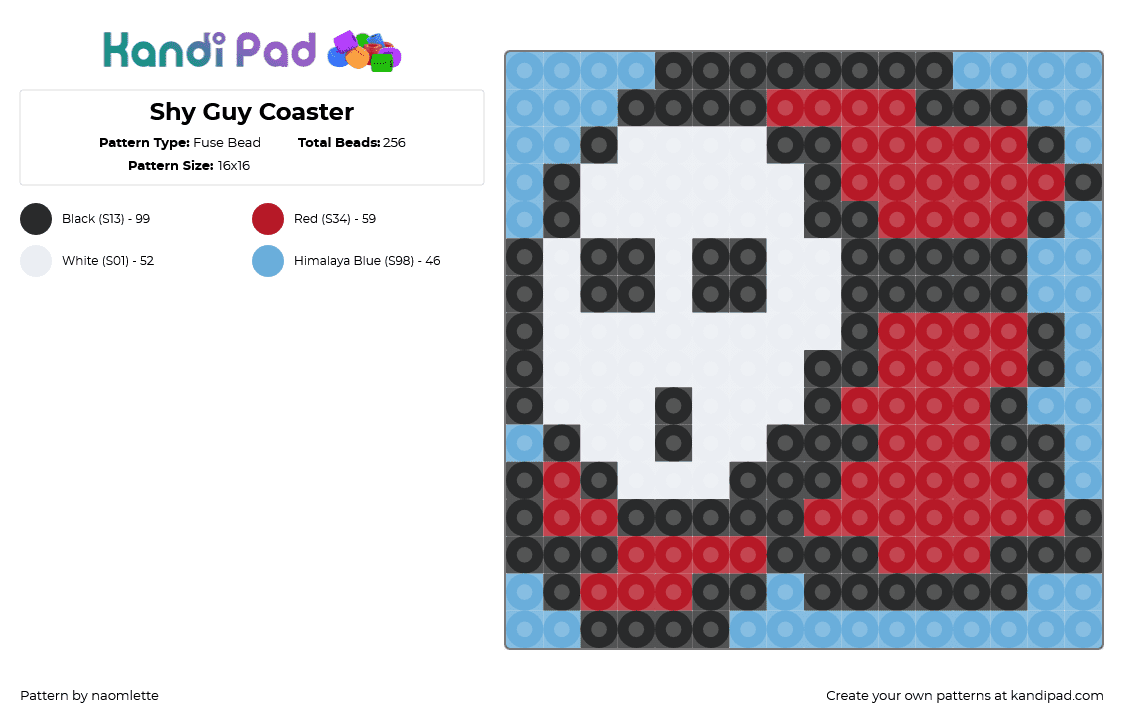 Shy Guy Coaster - Fuse Bead Pattern by naomlette on Kandi Pad - shy guy,mario,nintendo,coaster,video game,red,white,light blue