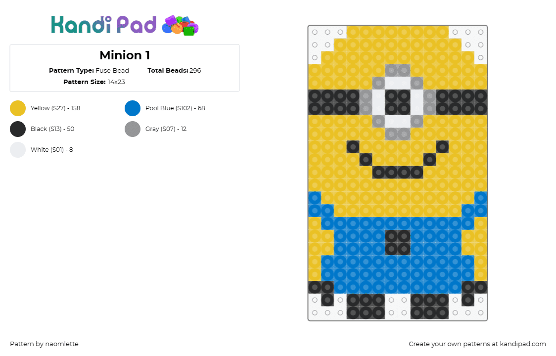 Minion 1 - Fuse Bead Pattern by naomlette on Kandi Pad - minion,despicable me,cyclops,character,cute,smile,overalls,movie,disney,yellow,b