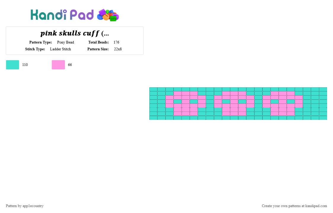 𝒑𝒊𝒏𝒌 𝒔𝒌𝒖𝒍𝒍𝒔 𝒄𝒖𝒇𝒇 (❀❛ ֊ ❛„)♡ - Pony Bead Pattern by app1ecountry on Kandi Pad - light blue,pink,turquoise,skulls,skull,ladder stitch,edgy,cuff