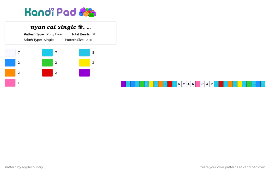 𝒏𝒚𝒂𝒏 𝒄𝒂𝒕 𝒔𝒊𝒏𝒈𝒍𝒆 ❀｡‧˚ฅᨐฅ˚‧｡❀ - Pony Bead Pattern by app1ecountry on Kandi Pad - colorful, light blue, nyancat, rainbow, single