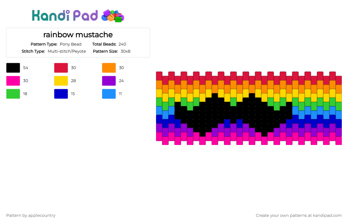 𝒓𝒂𝒊𝒏𝒃𝒐𝒘 𝒎𝒖𝒔𝒕𝒂𝒄𝒉𝒆 𝒄𝒖𝒇𝒇 ⋆.ೃ࿔🌸*:･ - Pony Bead Pattern by app1ecountry on Kandi Pad - 2010s, colorful, cuff, lgbt, multistich, mustache, orange, peyote, pride, purple, rainbow