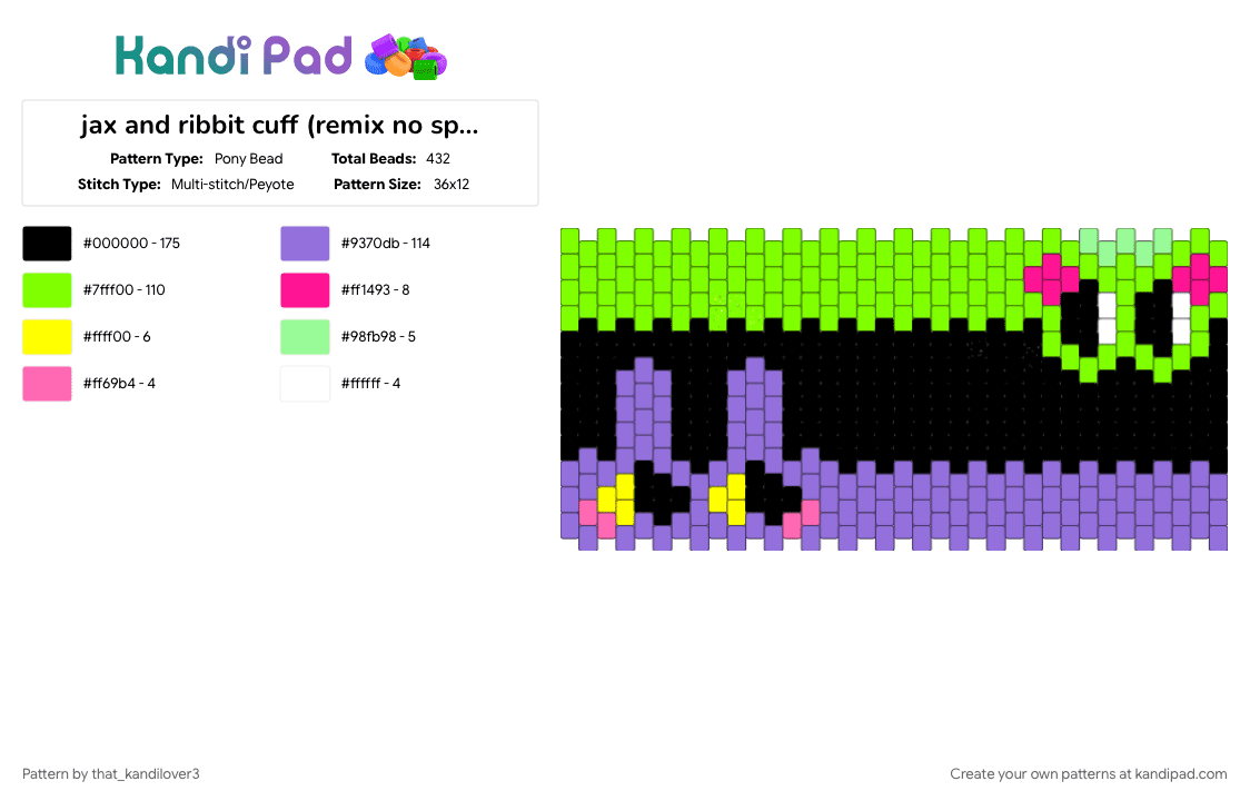 jax and ribbit cuff (remix no sparkles) - Pony Bead Pattern by that_kandilover3 on Kandi Pad - green, purple