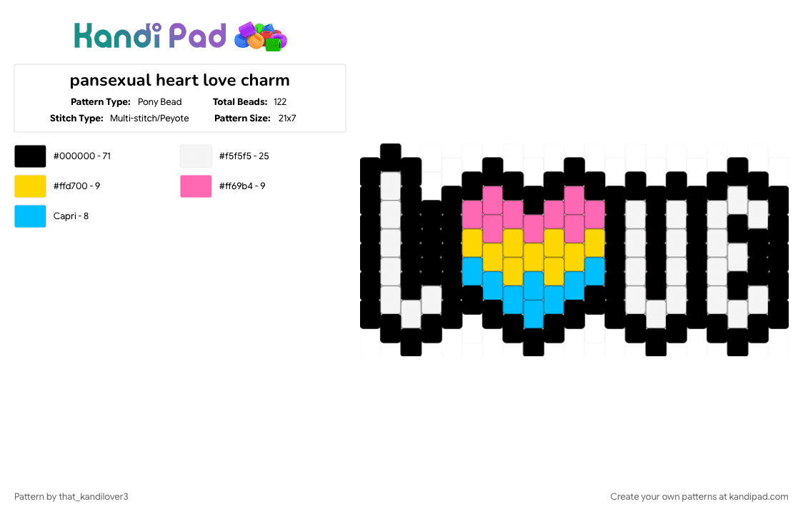 pansexual heart love charm - Pony Bead Pattern by that_kandilover3 on Kandi Pad - black, heart, love, loveislove, pansexual, pink, pride, queer, yellow