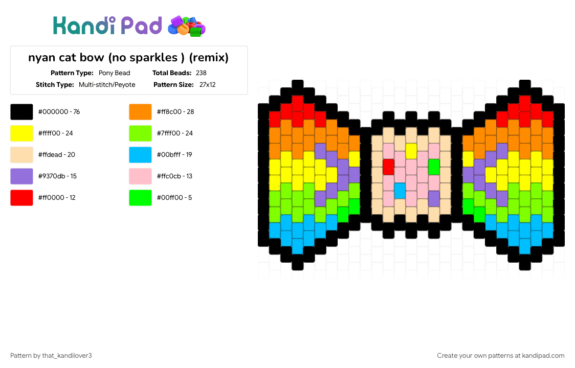 nyan cat bow (no sparkles ) (remix) - Pony Bead Pattern by that_kandilover3 on Kandi Pad - bowtie, colorful, green, kandi charm, love, nyan cat, orange, rainbow, scene