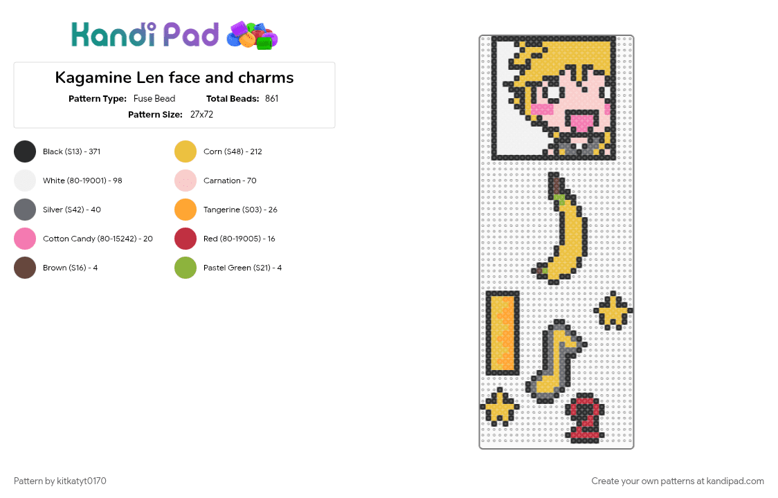 Kagamine Len face and charms - Fuse Bead Pattern by kitkatyt0170 on Kandi Pad - beige, black, kagamine len, vocaloid, yellow