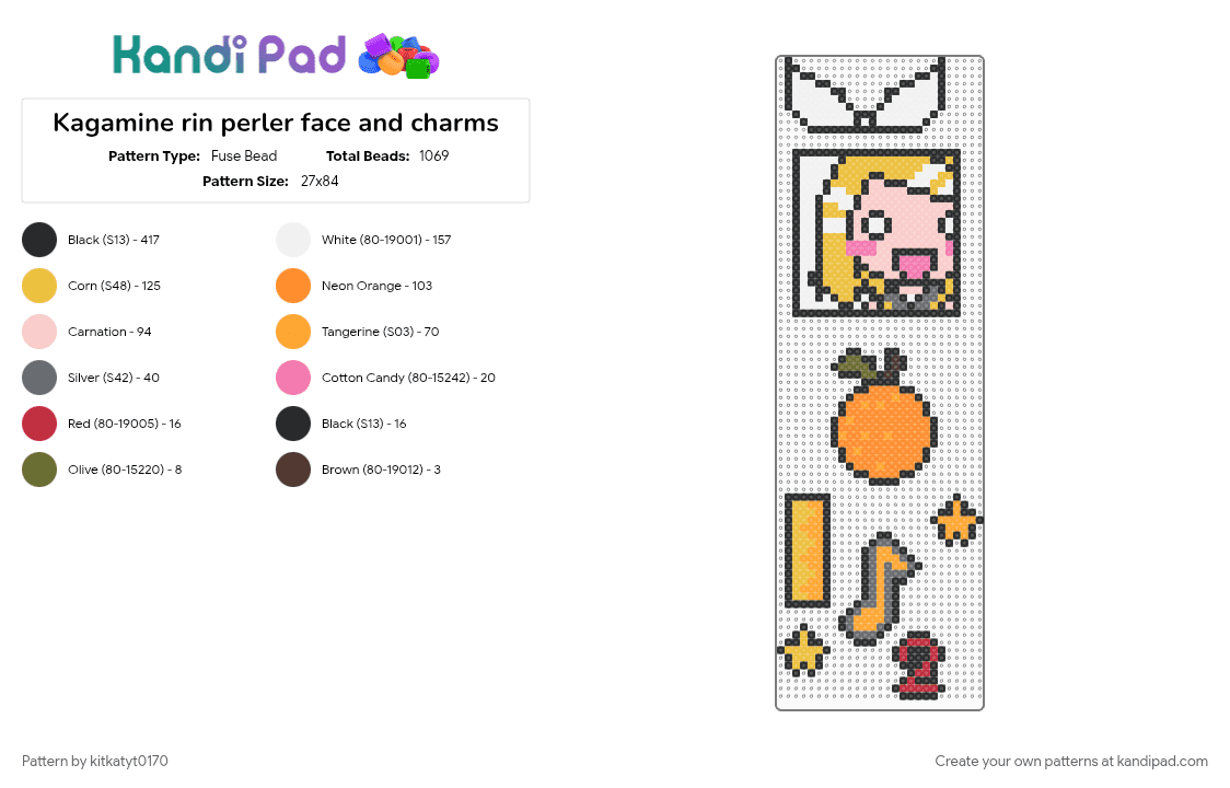 Kagamine rin perler face and charms - Fuse Bead Pattern by kitkatyt0170 on Kandi Pad - beige, black, kagamine rin, orange, yellow