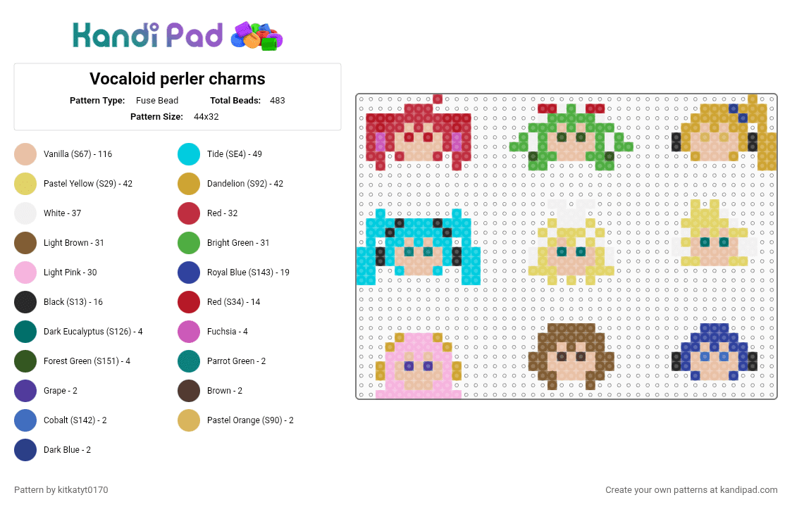 Vocaloid perler charms - Fuse Bead Pattern by kitkatyt0170 on Kandi Pad - beige, colorful, light blue, orange, red