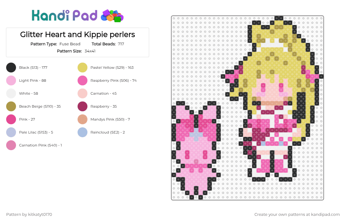 Glitter Heart and Kippie perlers - Fuse Bead Pattern by kitkatyt0170 on Kandi Pad - pink, yellow