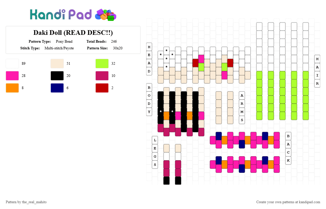 Daki Doll (READ DESC!!) - Pony Bead Pattern by the_real_mahito on Kandi Pad - white,pink,green