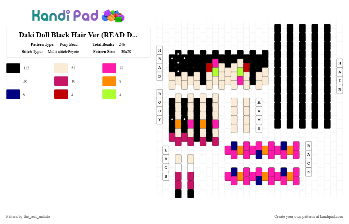 Daki Doll Black Hair Ver (READ DESC!!) - Pony Bead Pattern by the_real_mahito on Kandi Pad - black,white,pink