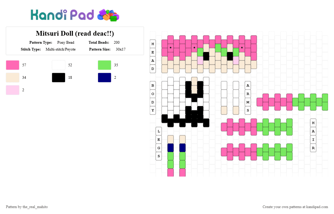 Mitsuri Doll (read desc!!) - Pony Bead Pattern by the_real_mahito on Kandi Pad - pink,green