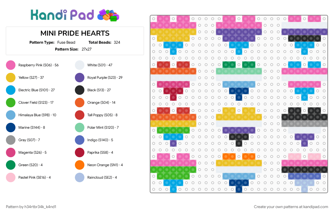 MINI PRIDE HEARTS - Fuse Bead Pattern by h34rtbr34k_k4nd1 on Kandi Pad - light blue, pink, purple, yellow