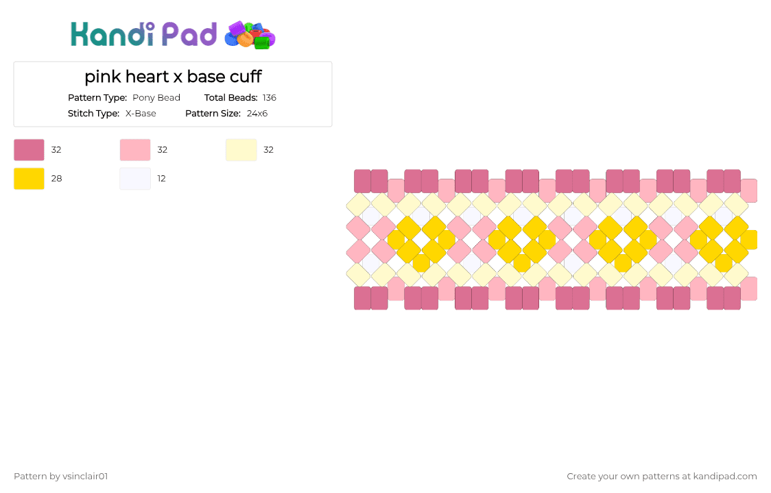 pink heart x base cuff - Pony Bead Pattern by vsinclair01 on Kandi Pad - pink, yellow