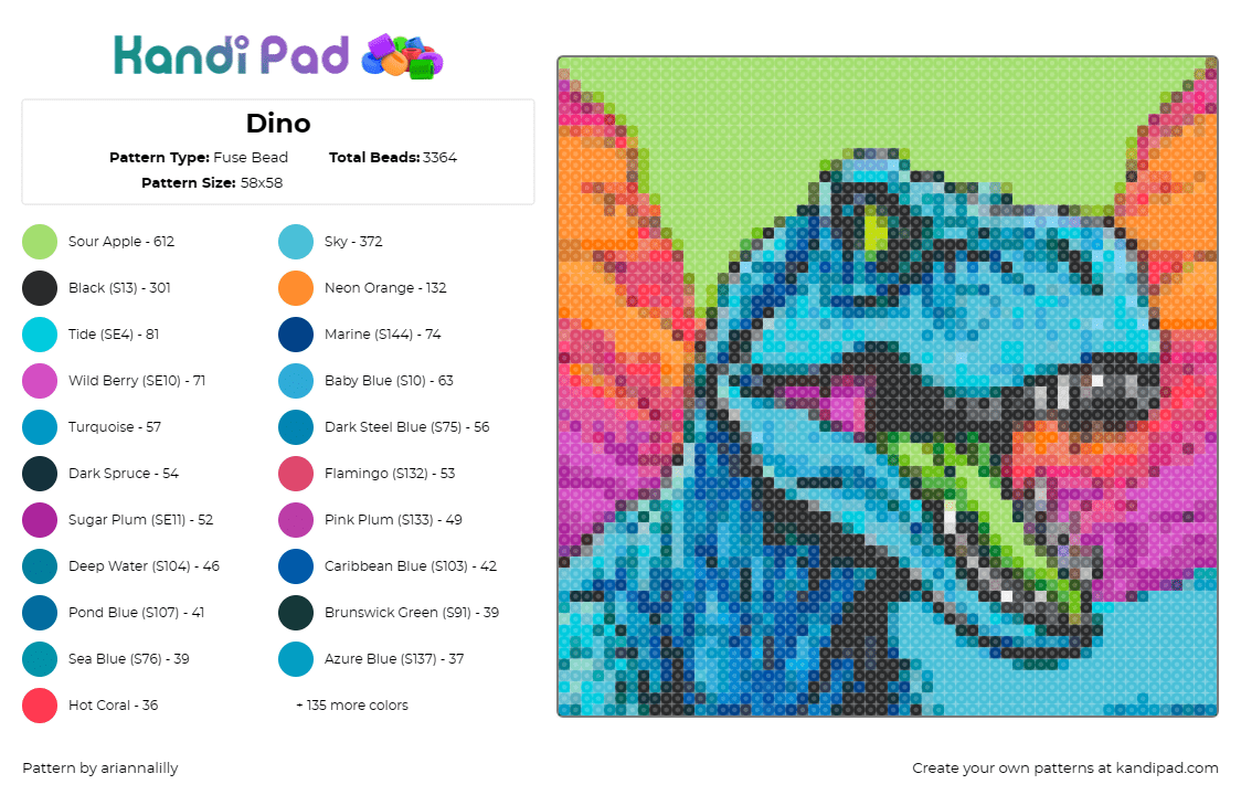 Dino - Fuse Bead Pattern by ariannalilly on Kandi Pad - dinosaur,trex,prehistoric,jurassic,scary,creature,light blue,pink,green