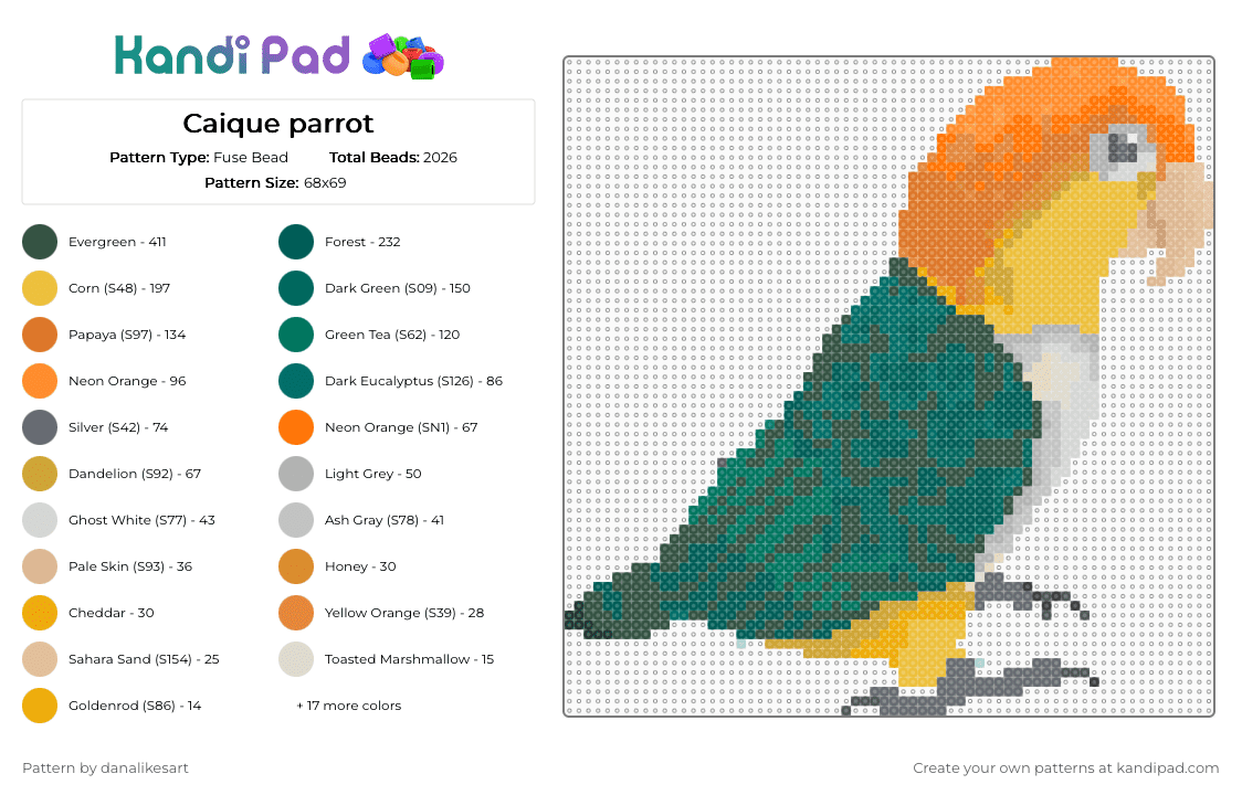 Caique parrot - Fuse Bead Pattern by danalikesart on Kandi Pad - animal, bird, caique, cotdpetshow, gray, orange, parrot, pet, teal