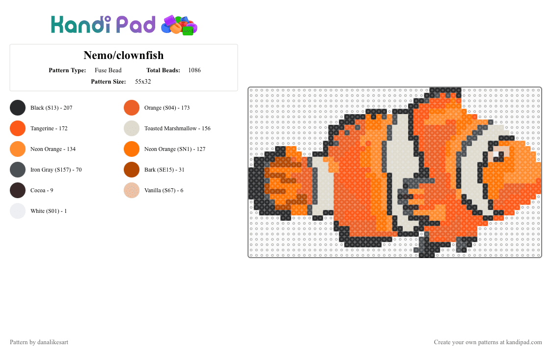 Nemo/clownfish - Fuse Bead Pattern by danalikesart on Kandi Pad - clownfish, fish, nemo, orange, water