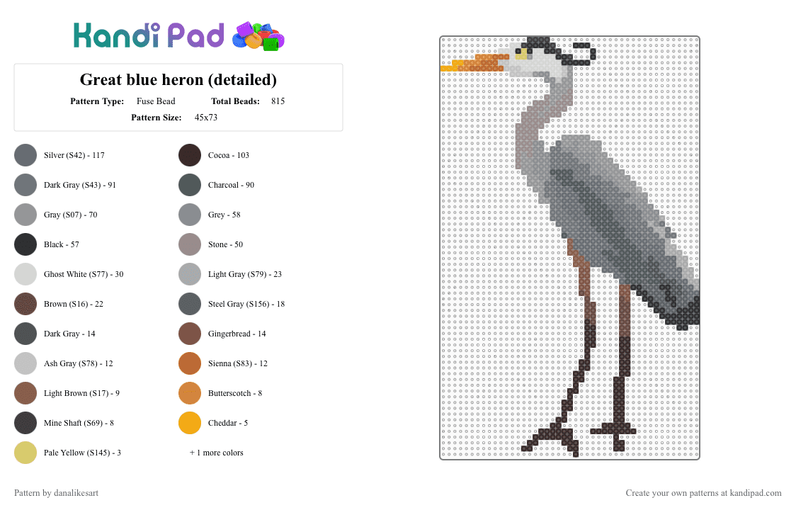 Great blue heron (detailed) - Fuse Bead Pattern by danalikesart on Kandi Pad - bird, brown, gray, heron, waterbird