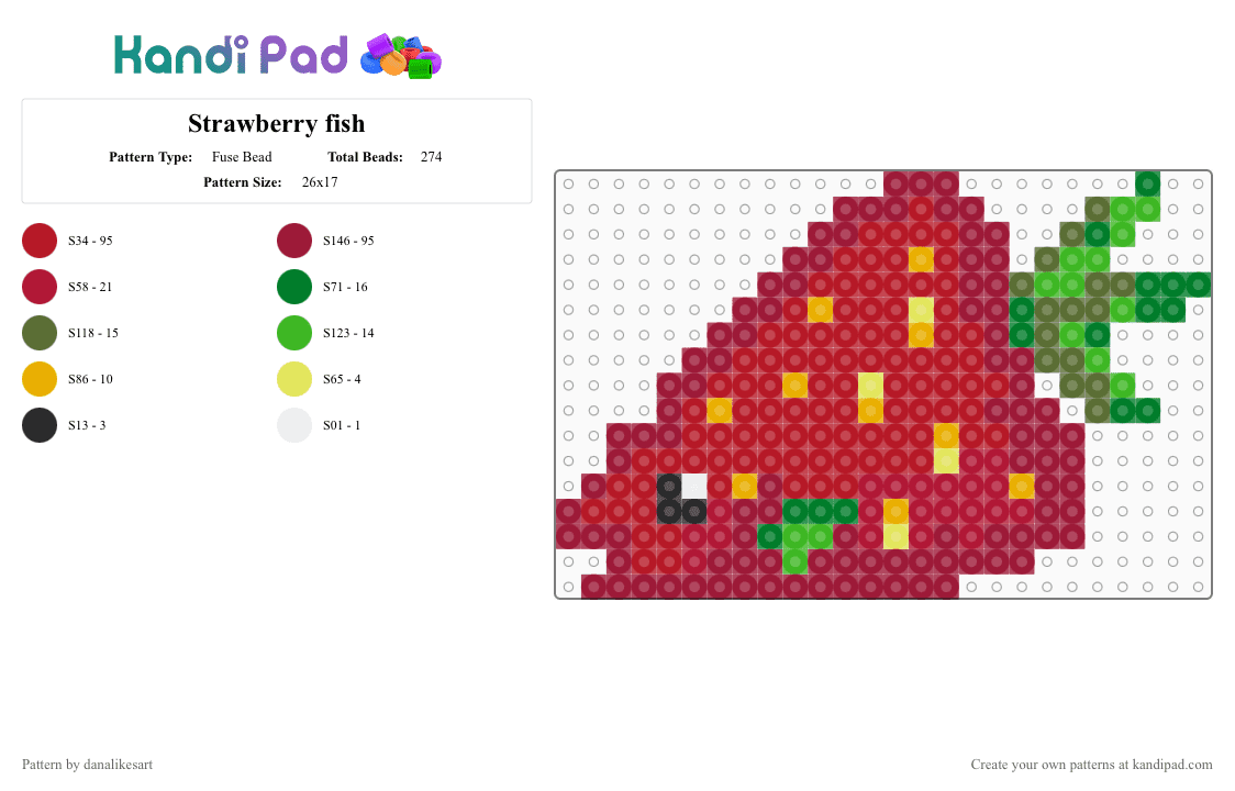 Strawberry fish - Fuse Bead Pattern by danalikesart on Kandi Pad - animal, cute, fish, food, marine, red, strawberry, uhh