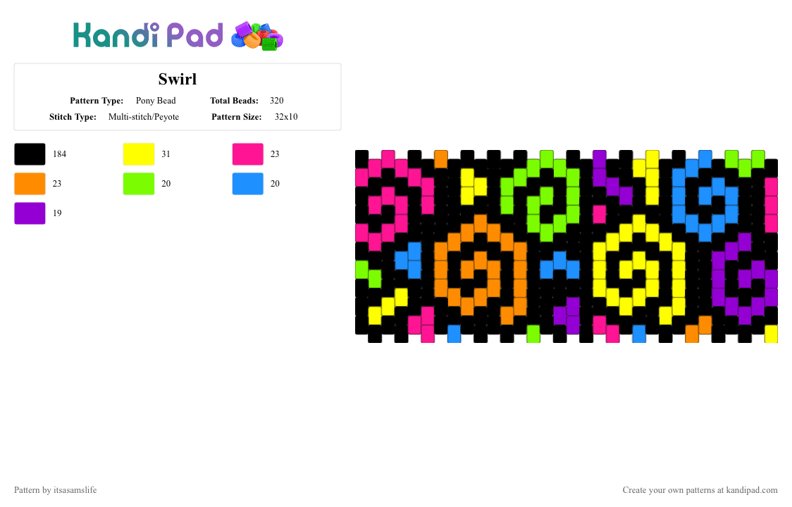 Swirl - Pony Bead Pattern by itsasamslife on Kandi Pad - black, orange, pink, yellow
