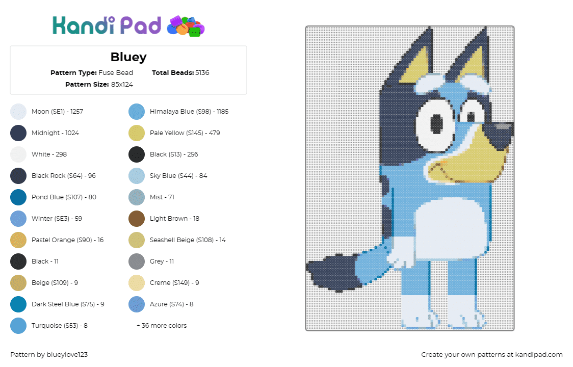 Bluey - Fuse Bead Pattern by blueylove123 on Kandi Pad - bluey,dog,character,cartoon,tv show,children,light blue,white,blue