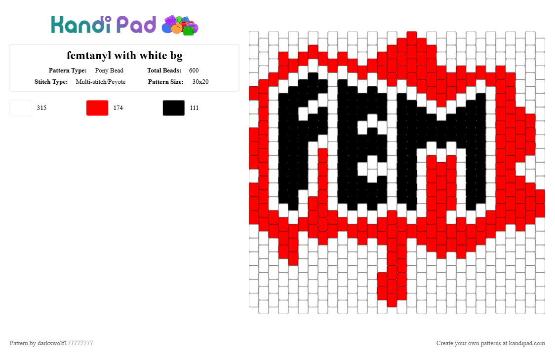 femtanyl with white bg - Pony Bead Pattern by darkxwolf177777777 on Kandi Pad - red, white