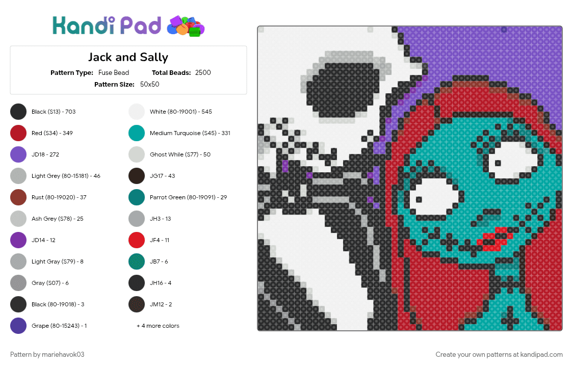Jack and Sally - Fuse Bead Pattern by mariehavok03 on Kandi Pad - jack and sally, jack skellington, nightmare before christmas, purple, red, sally, teal