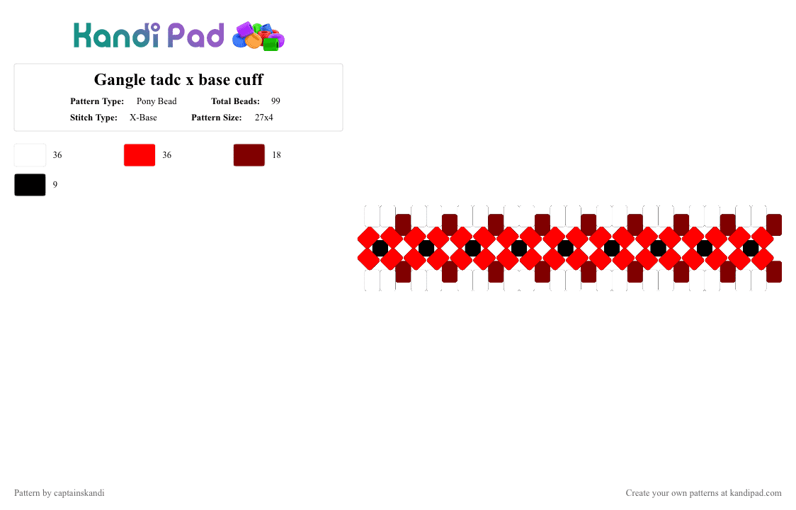 Gangle tadc x base cuff - Pony Bead Pattern by captainskandi on Kandi Pad - black, brown, cartoon, character, gangle, red, tadc, white