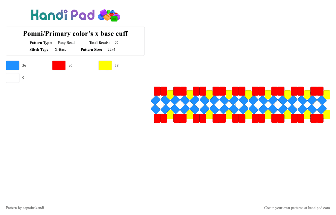 Pomni/Primary color’s x base cuff - Pony Bead Pattern by captainskandi on Kandi Pad - blue, cartoon, light blue, pomni, primarycolors, red, tadc, yellow