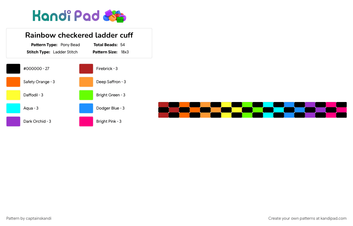 Rainbow checkered ladder cuff - Pony Bead Pattern by captainskandi on Kandi Pad - black, checkered, checkered cuff, cotdgradient, light blue, orange, pride, rainbow