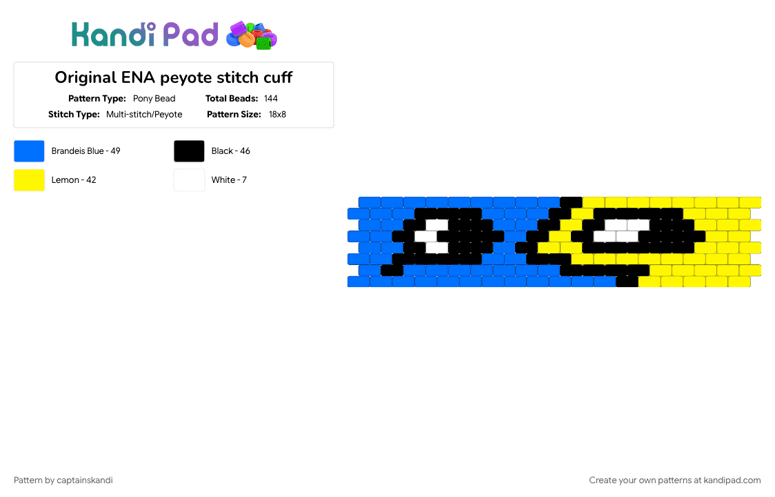 Original ENA peyote stitch cuff - Pony Bead Pattern by captainskandi on Kandi Pad - blue, cartoon, character, ena, indie show, show, yellow, youtube